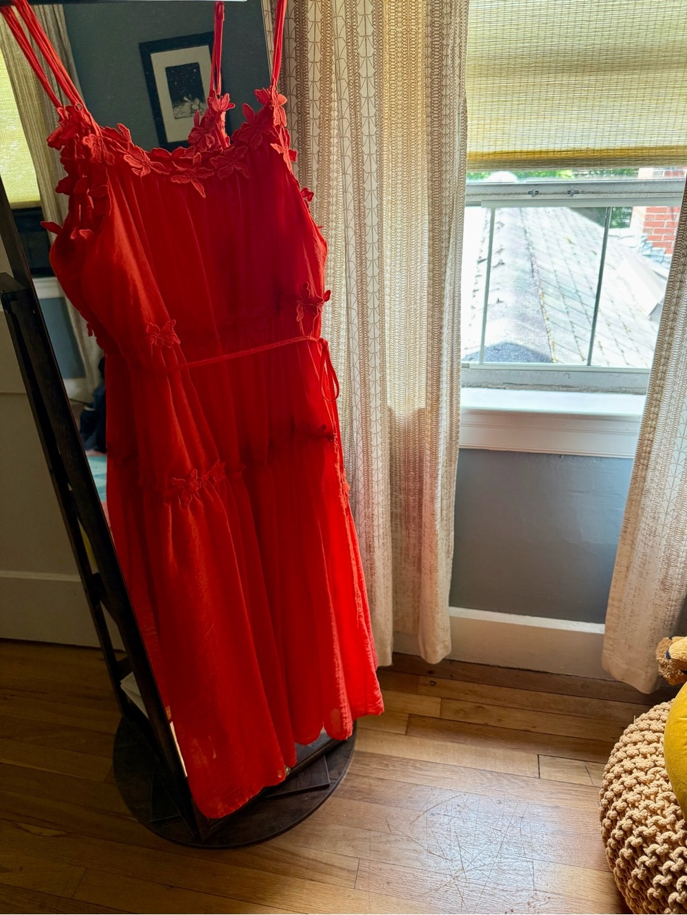 INA Orange- Red Floral Appliqué Spaghetti Strap Dress